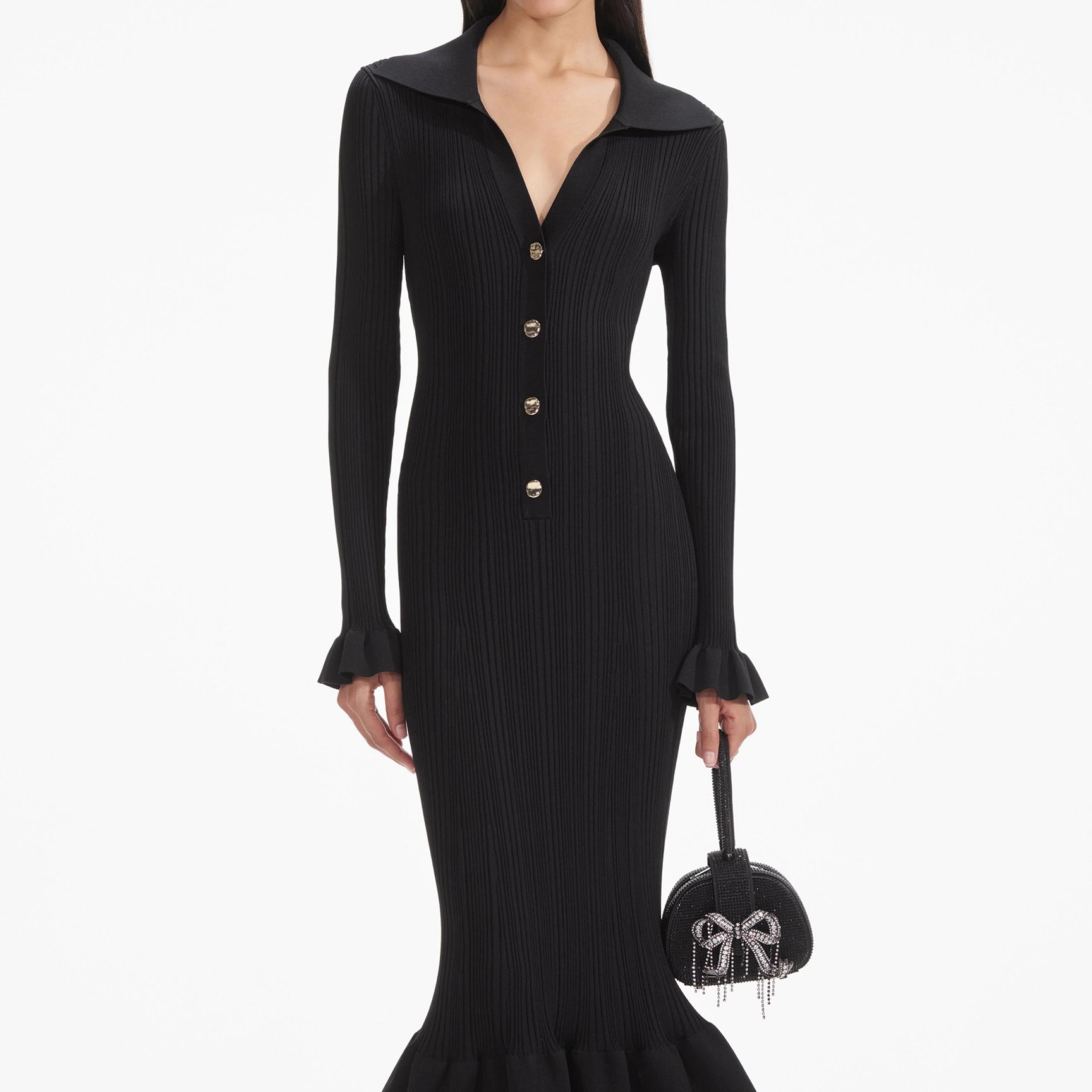 self-portrait black viscose knitted midi dress Ribbed Knit Fluted - sbc-Flare