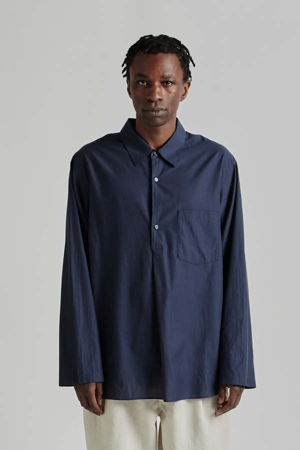 Still By Hand Cupro Mixed Pullover Shirt - Navy | Garmentory
