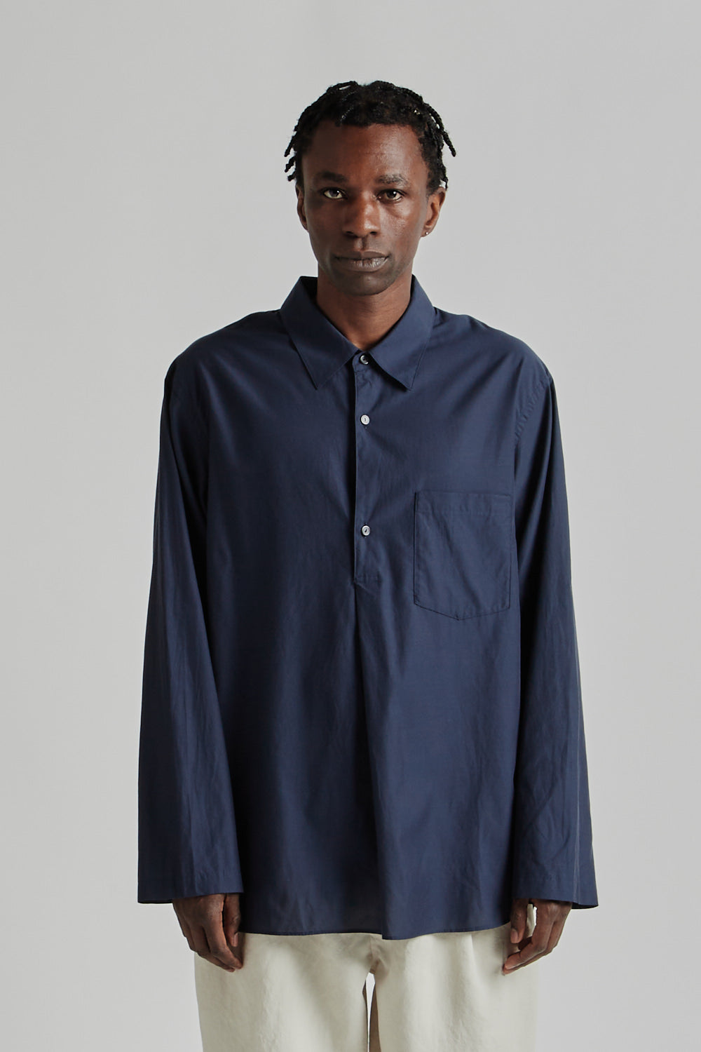 Still By Hand Cupro Mixed Pullover Shirt - Navy | Garmentory
