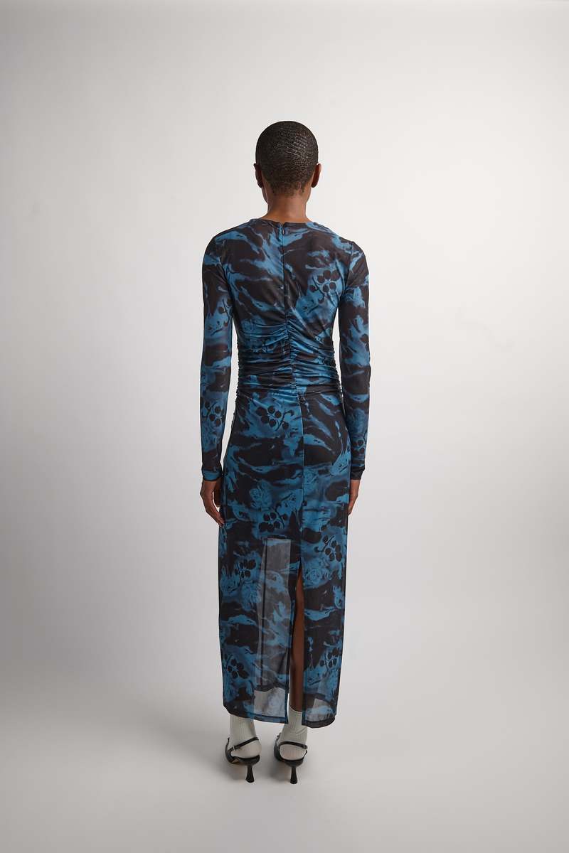 Ganni Printed Mesh O-neck Ruched Long Dress - Blue Shadow
