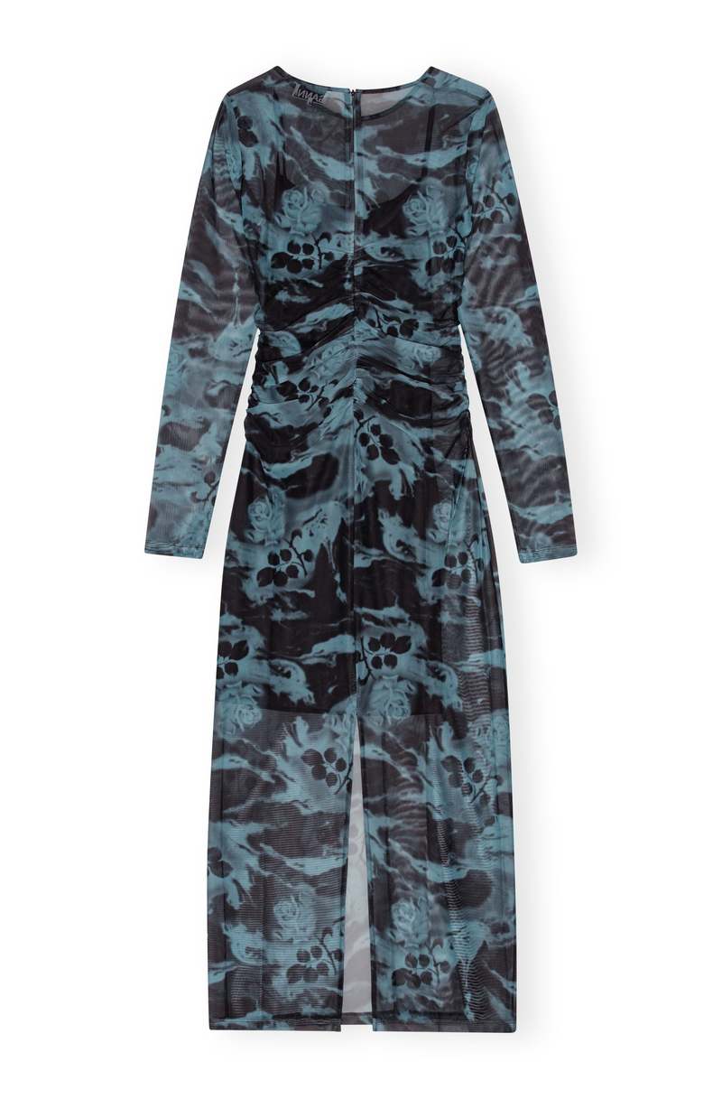Ganni Printed Mesh O-neck Ruched Long Dress - Blue Shadow