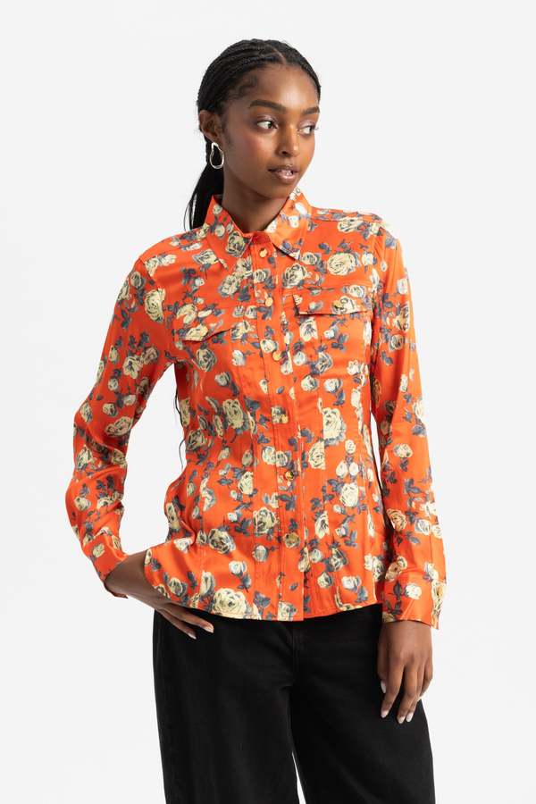 Ganni Printed Satin Shirt - Poinciana Ganni Printed Satin Shirt - Poinciana