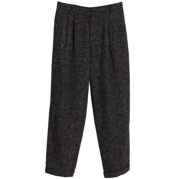 Pink-Fly Boucl Tweed Structured Pleats Relaxed Taper Cropped - Black