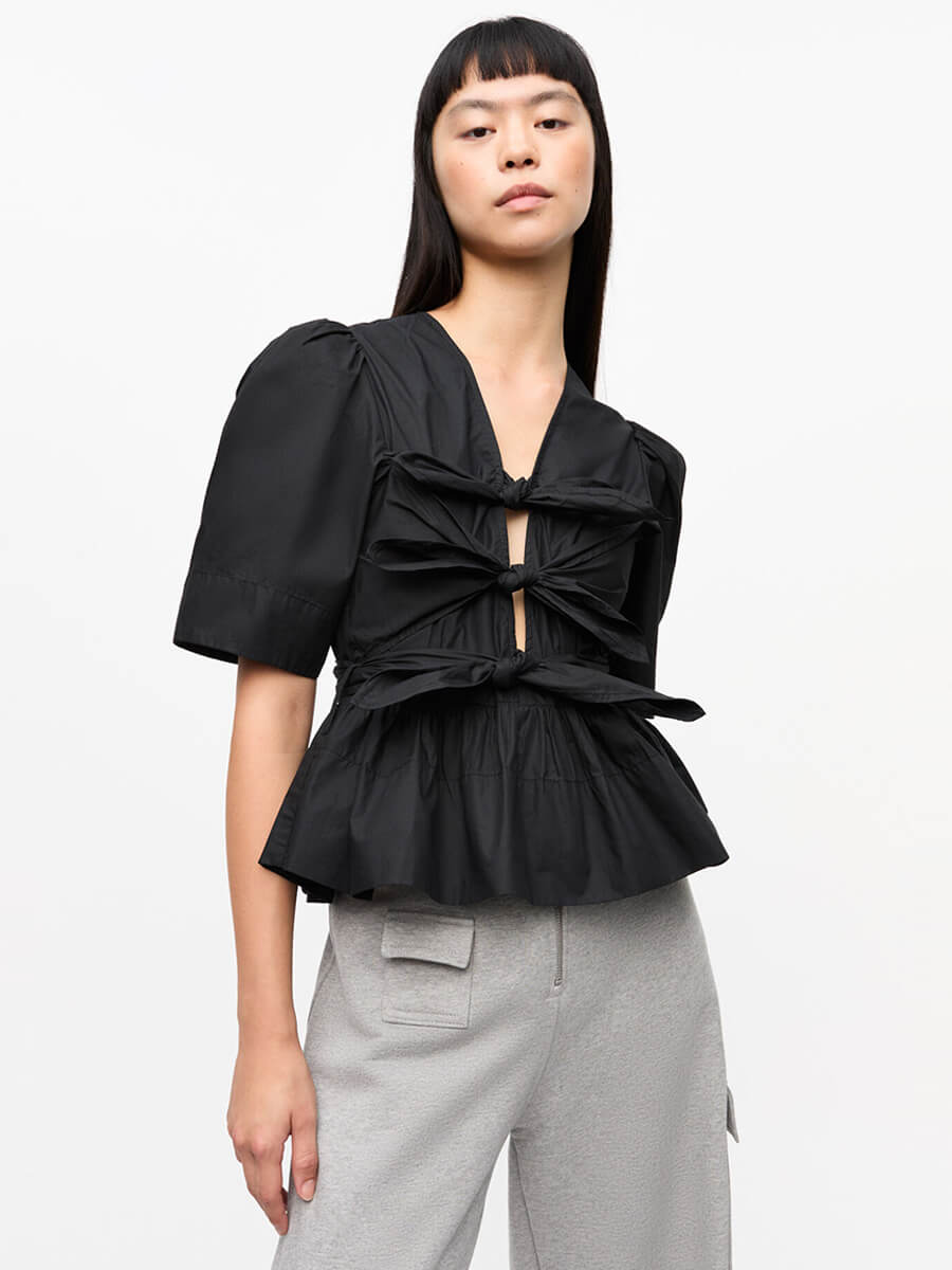 Ganni Stretch Cotton Tie Strap Blouse - Black | Garmentory