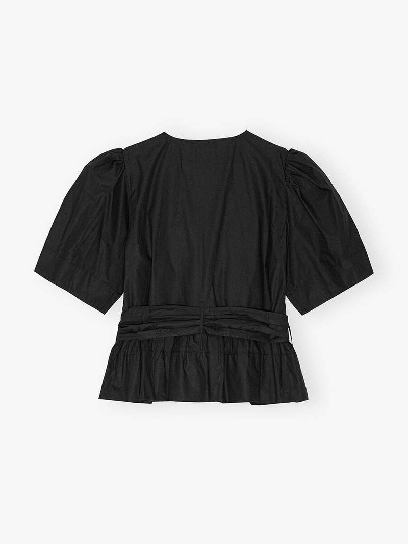 Ganni Stretch Cotton Tie Strap Blouse - Black | Garmentory