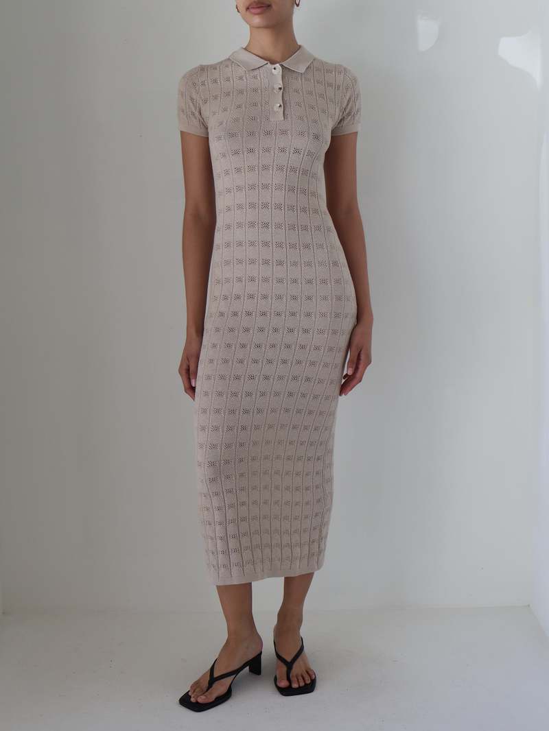 Loucia Elodie Pointelle Knit Midi Dress - Beige | Garmentory