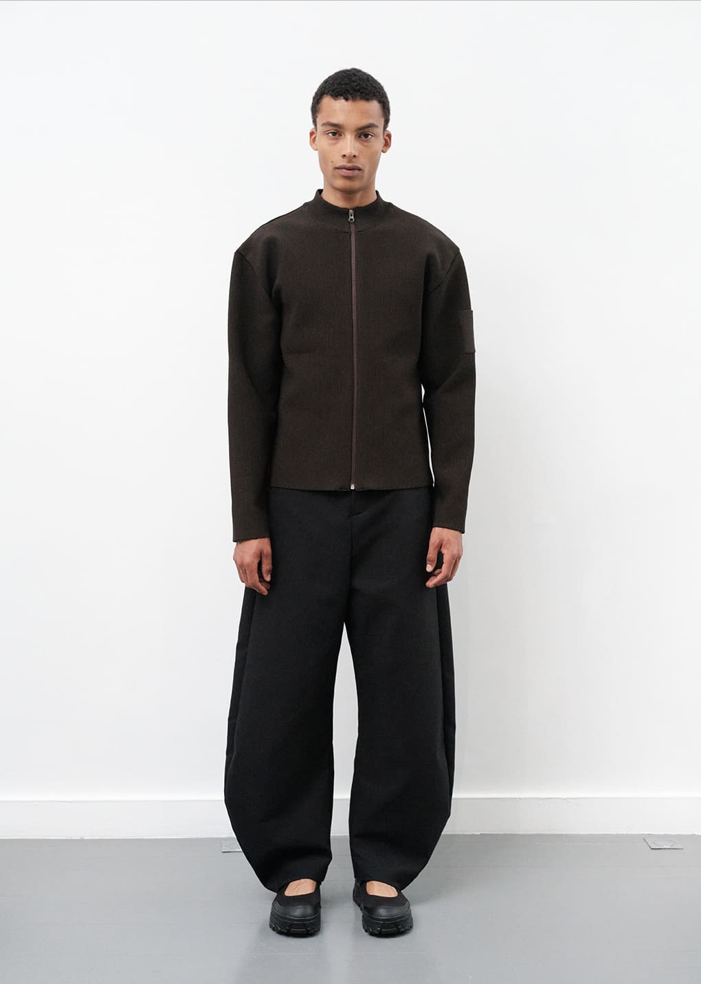 AMOMENTO Mock Neck Zip-Up Cardigan - Dark Brown | Garmentory