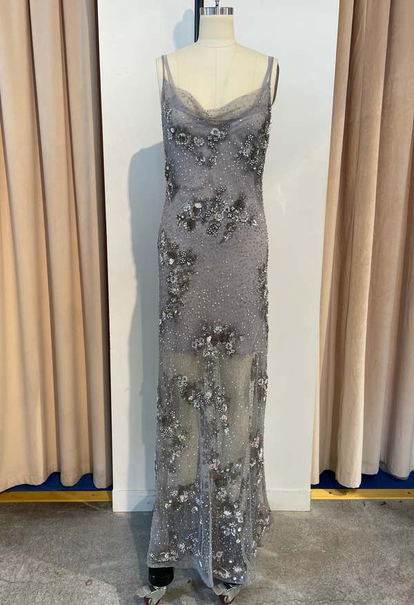 LA FUORI Floral Embellished Long Dress - Grey | Garmentory LA FUORI Floral Embellished Long Dress - Grey | Garmentory