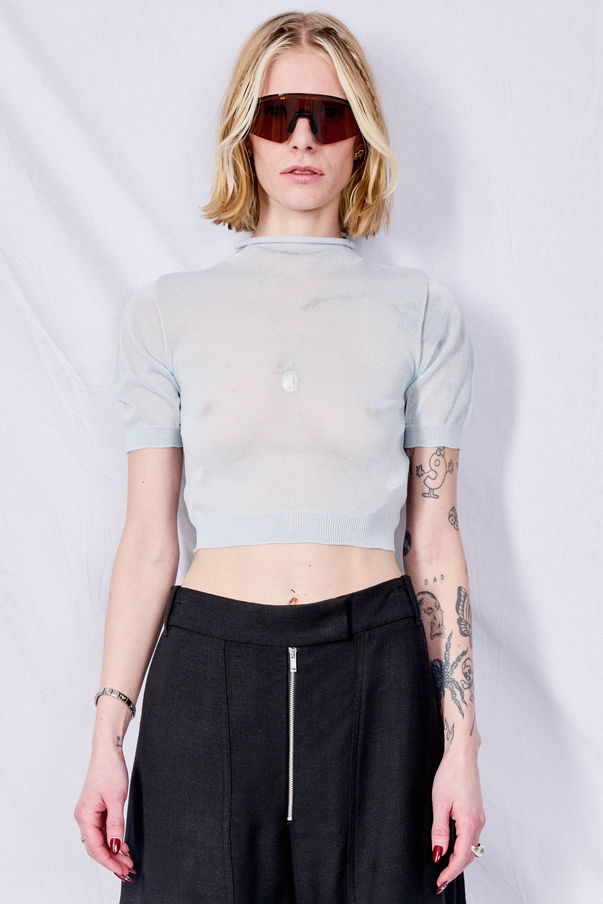 新品AMOMENT sheer cropped knit AMOMENTO: Blue Sheer Cropped Knit | 157Moments