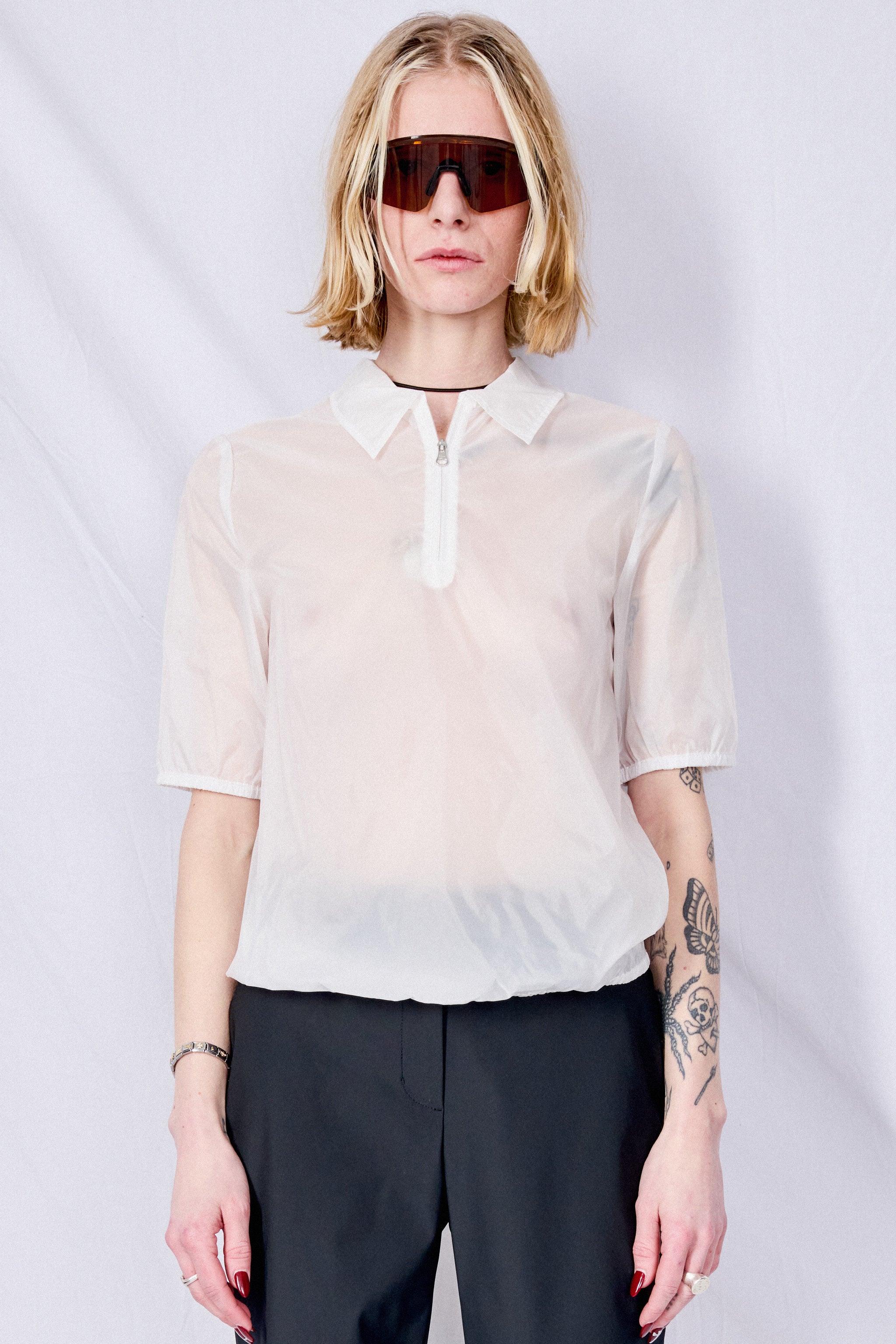 AMOMENTO Sheer Half Zip Up Top - White | Garmentory