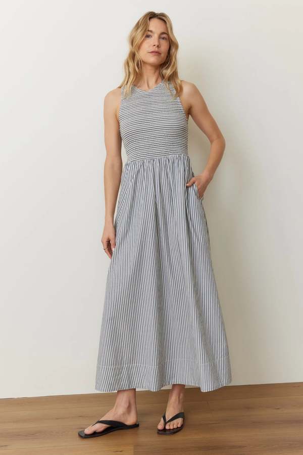 Marine Layer Darcy Poplin Smocked Dress - Navy Stripe