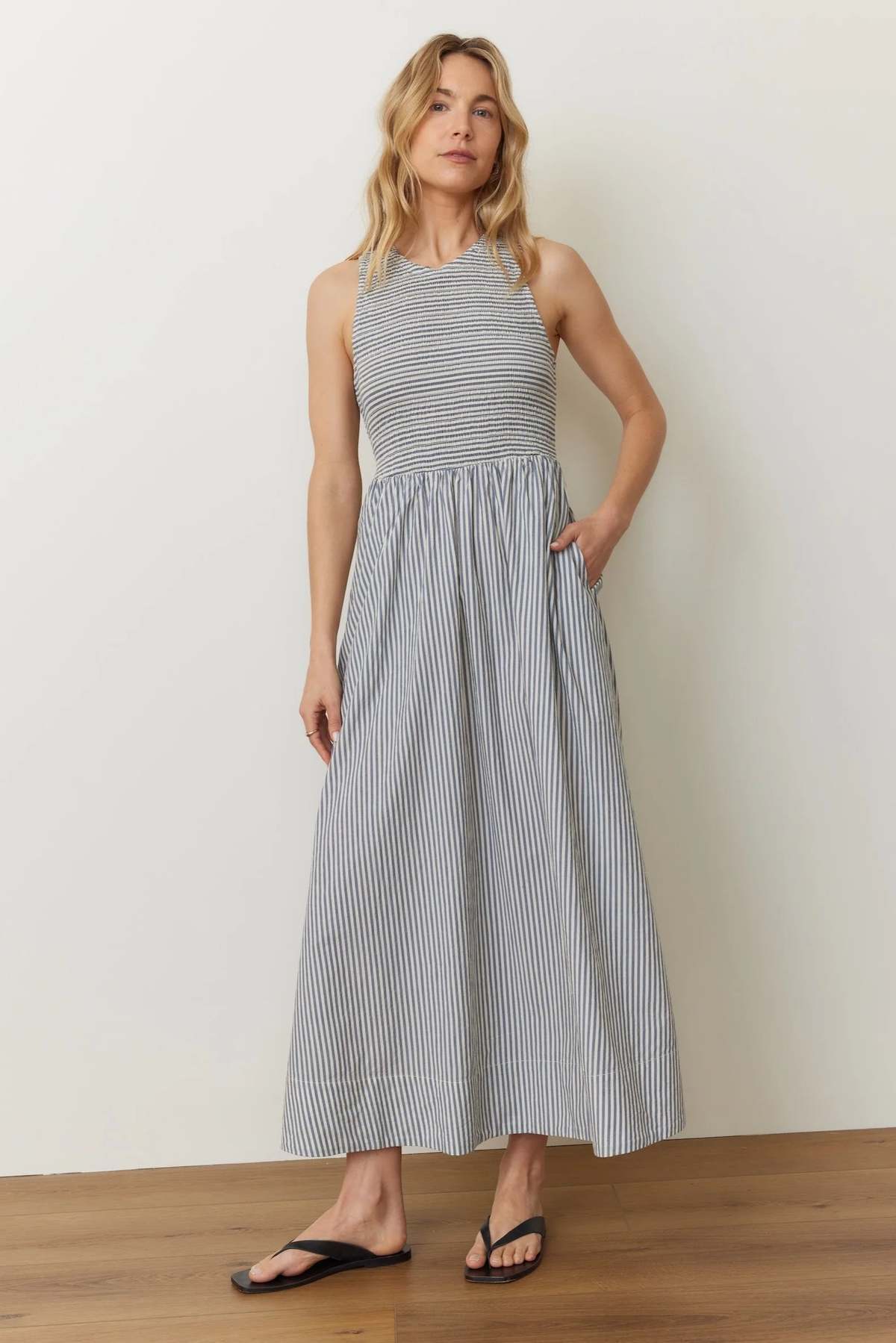 Marine Layer Darcy Poplin Smocked Dress - Navy Stripe - Image 1 of 4