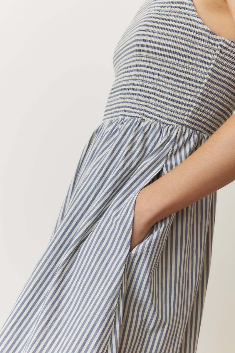 Marine Layer Darcy Poplin Smocked Dress - Navy Stripe