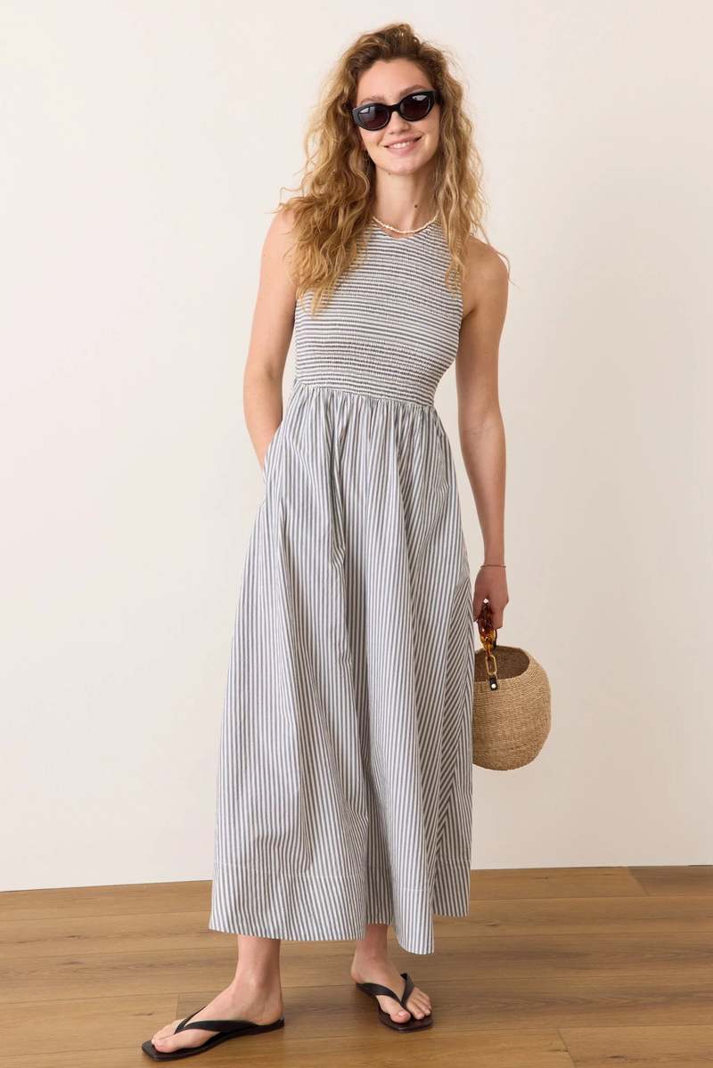 Marine Layer Darcy Poplin Smocked Dress - Navy Stripe