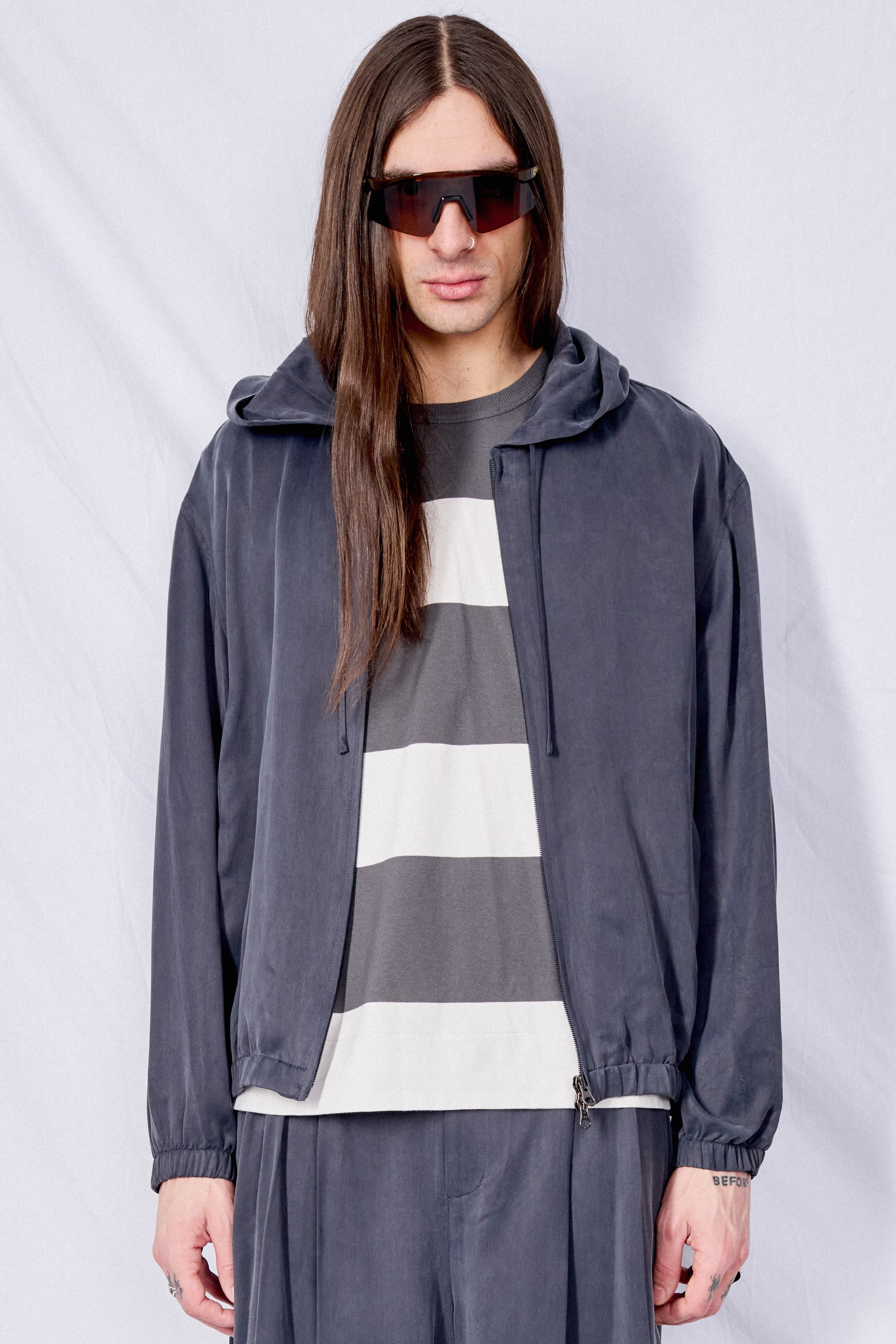AMOMENTO Charcoal Cupro Hood Zip Up Jumper | Garmentory