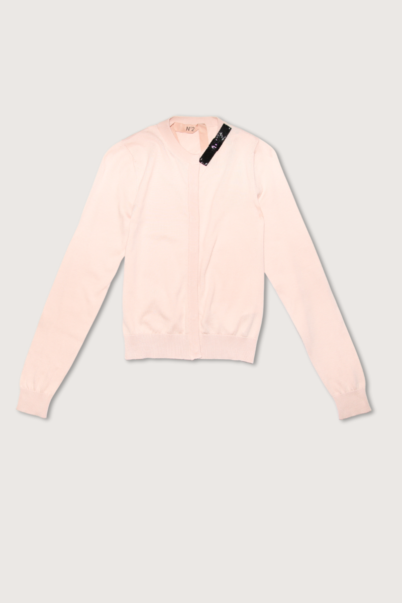 No. 21 Cardi with Beaded Bow at Neck - Rosy