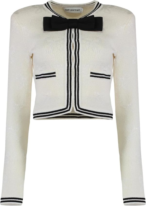 Self-Portrait Jacquard Bow Cardigan - Cream
