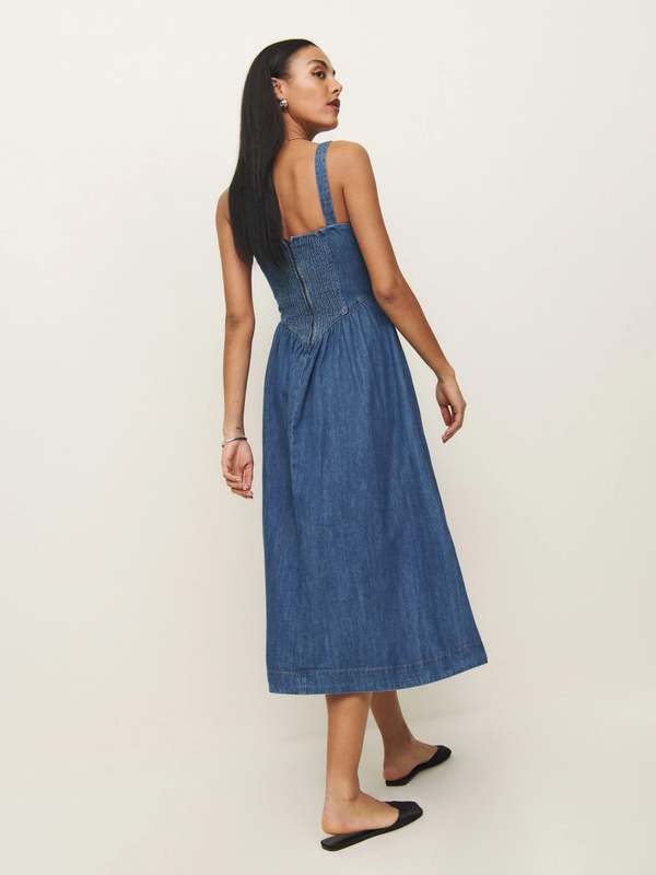 knee length dresses for ladies Rolla's :: Mara Button Down Denim Midi Dress in Deep Blue Wash – Hannah Anna main image 0