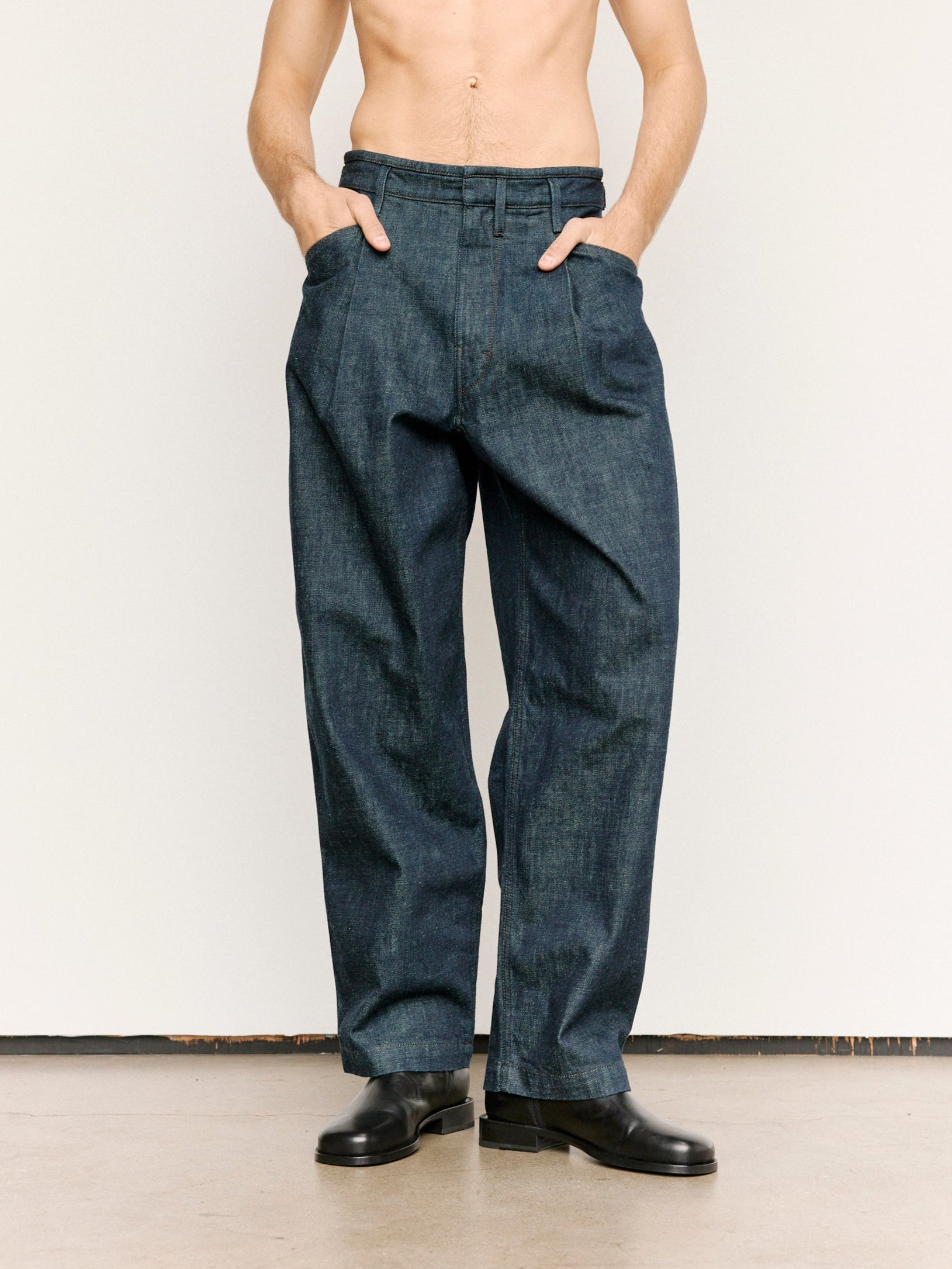 Lemaire Heavy Indigo Denim Pleated Workwear Pants | Garmentory