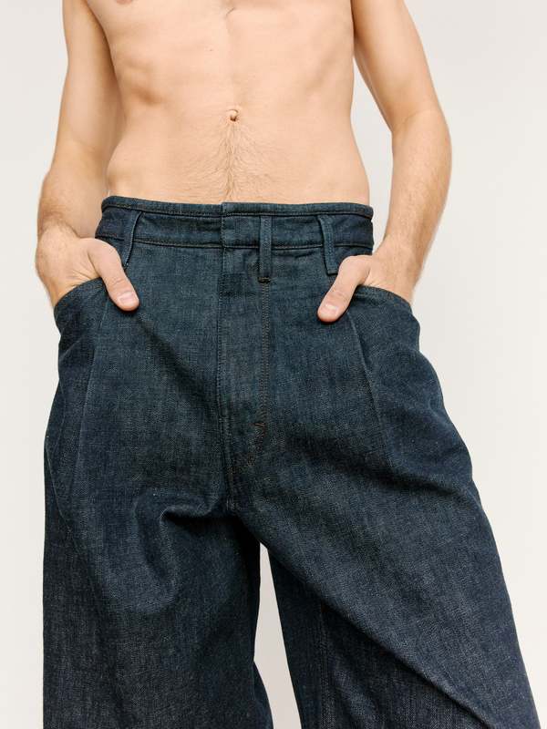 Lemaire Heavy Indigo Denim Pleated Workwear Pants | Garmentory