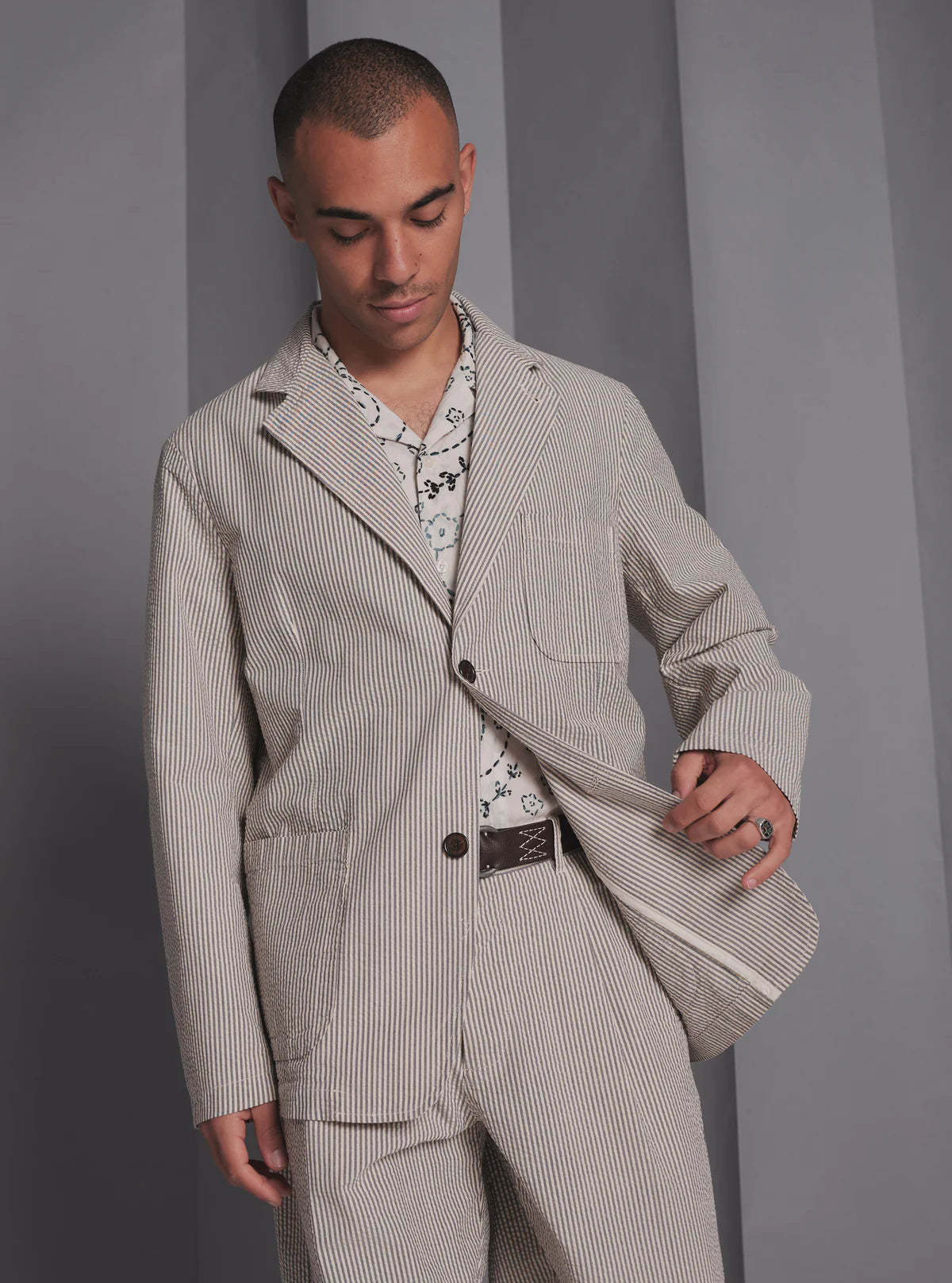 Universal Works Two Button Jacket - Grey Derby Stripe | Garmentory