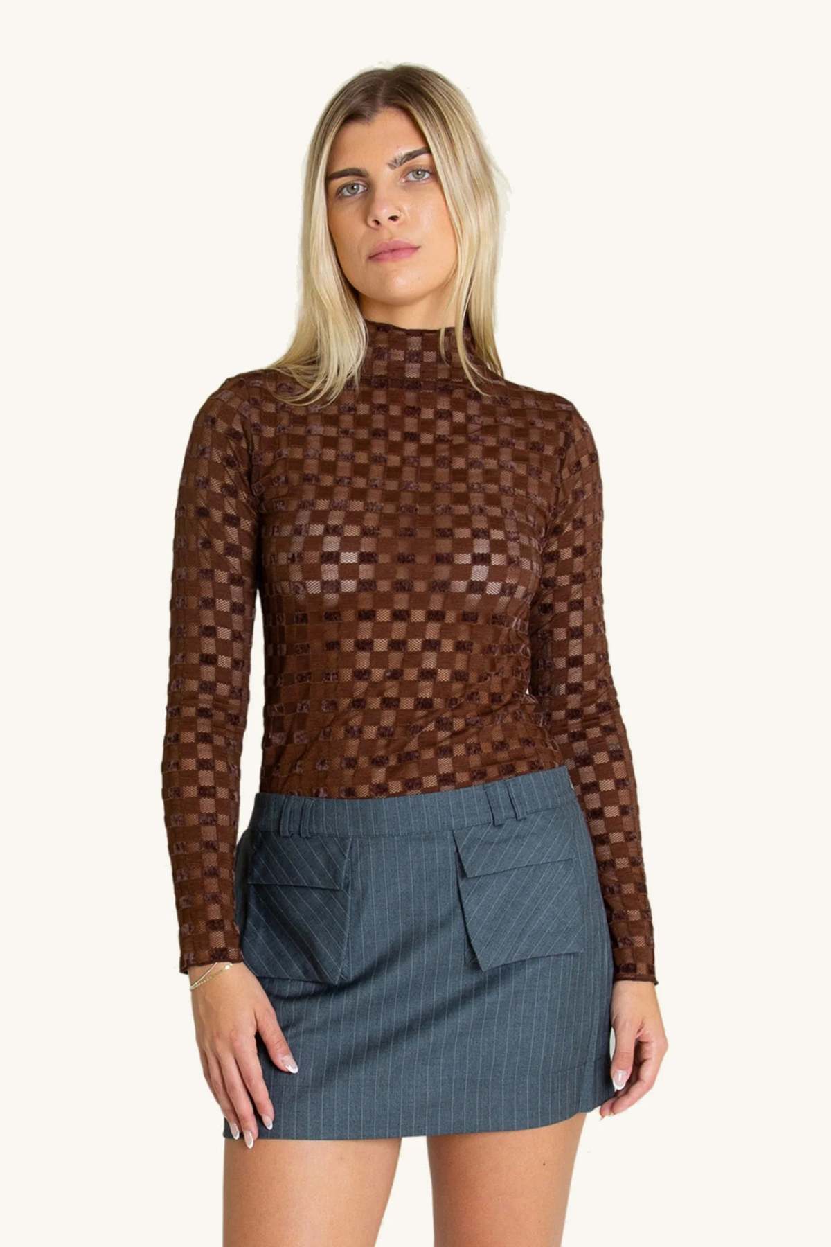 Find Me Now Mesh Long Sleeve Top - Chocolate Checkered - Image 5 of 8