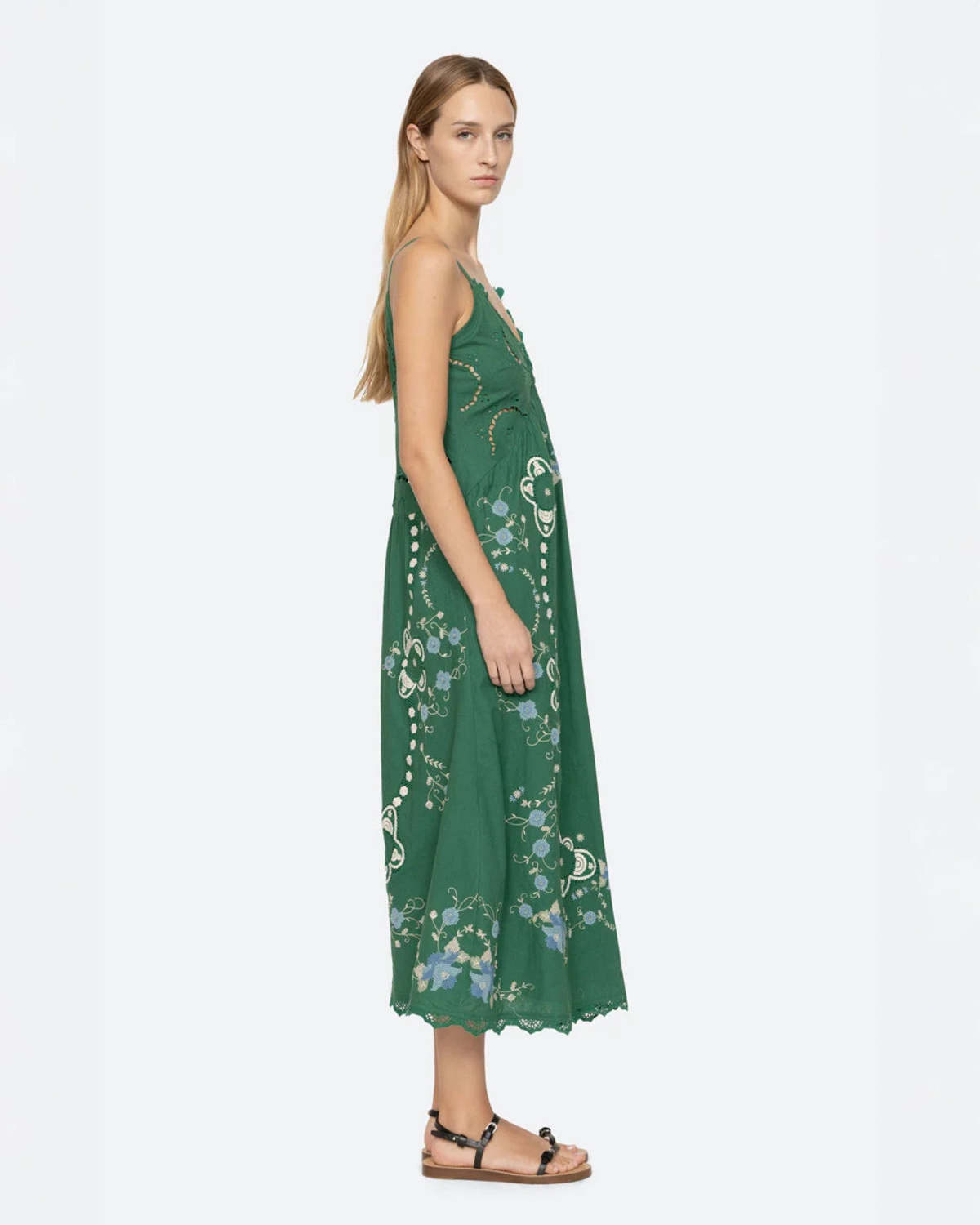 green emerald velvet dress Exclusive Navy Edwina Embroidery Midi Dress