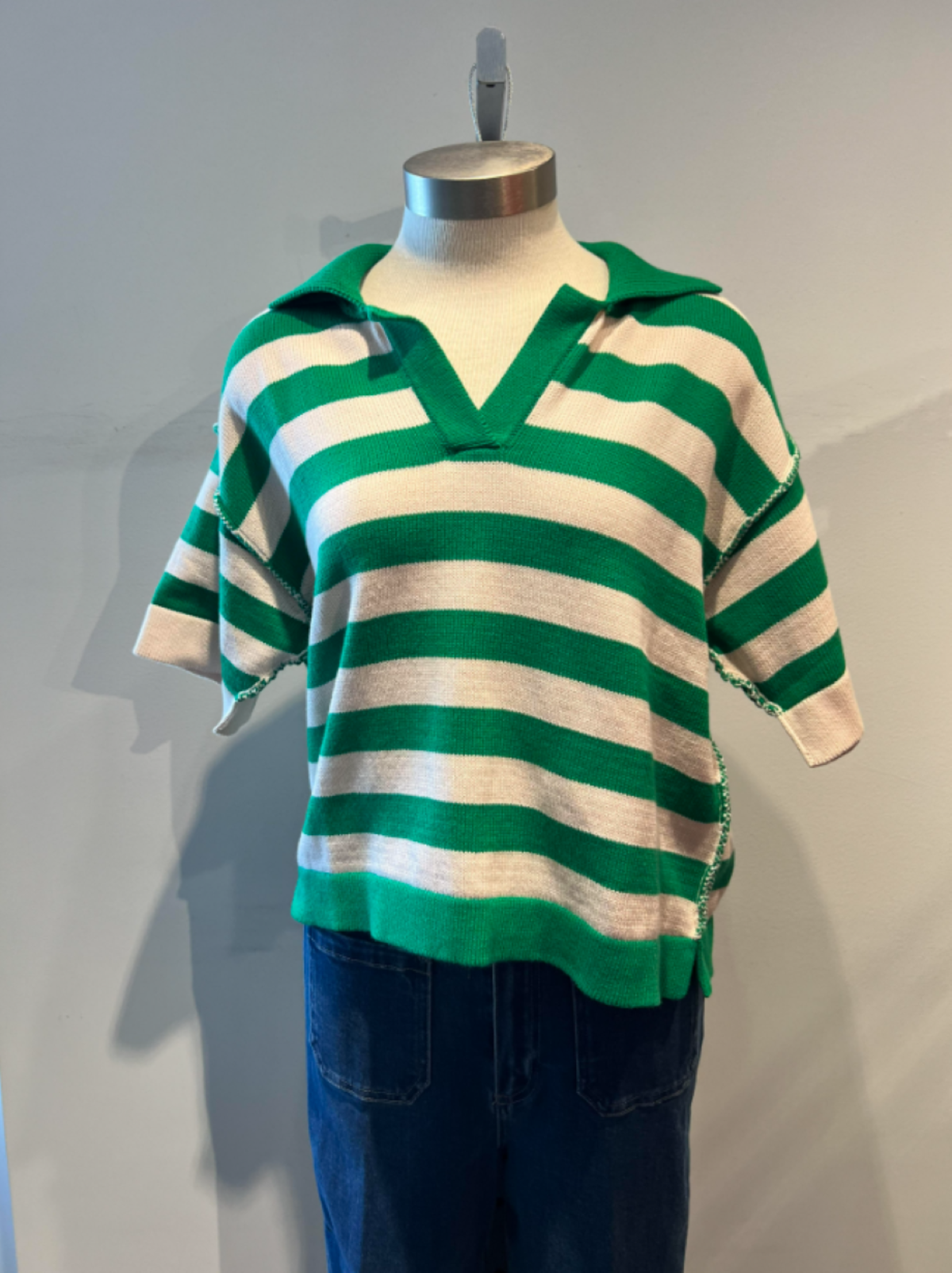 Roberto Collina Striped Polo Sweater - Green/White - Image 1 of 2
