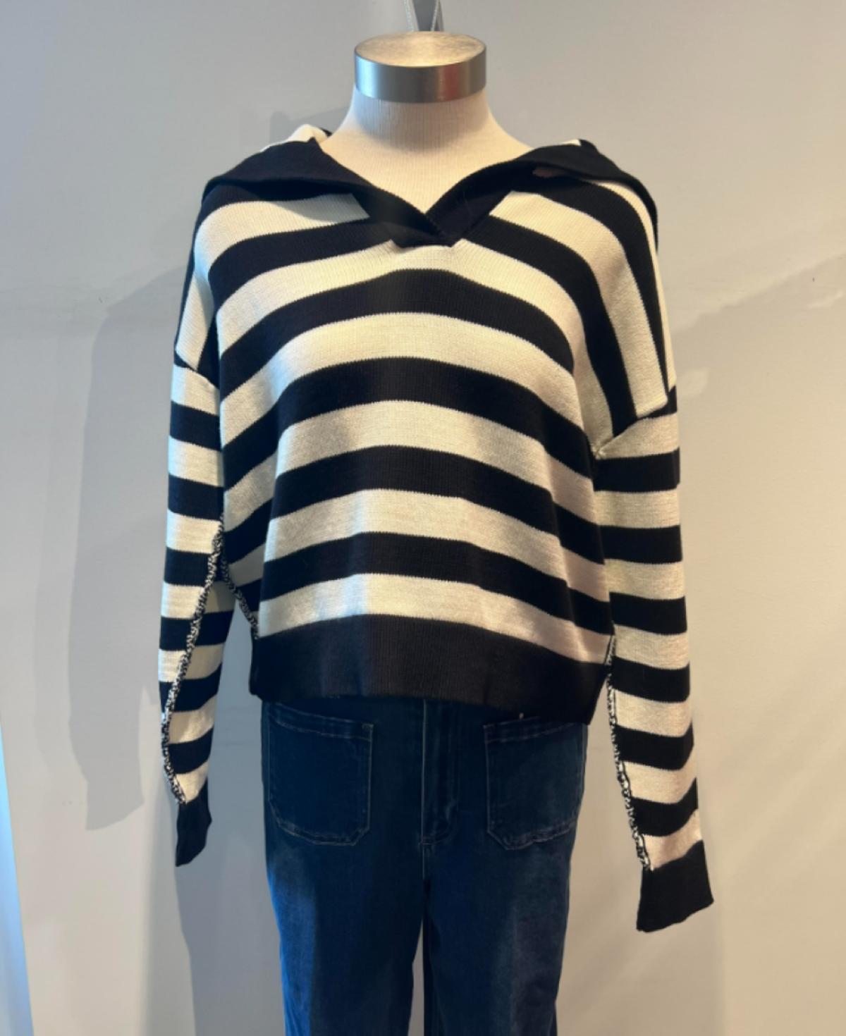 Roberto Collina Striped Sailor Collar Sweater - Black/White - Image 1 of 2