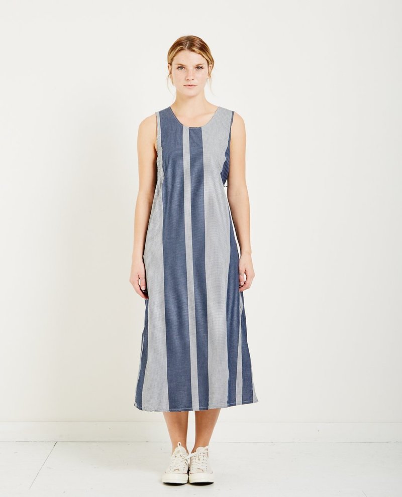 FWK ENGINEERED GARMENTS GINGHAM STRIPE SUN DRESS - DARK NAVY 