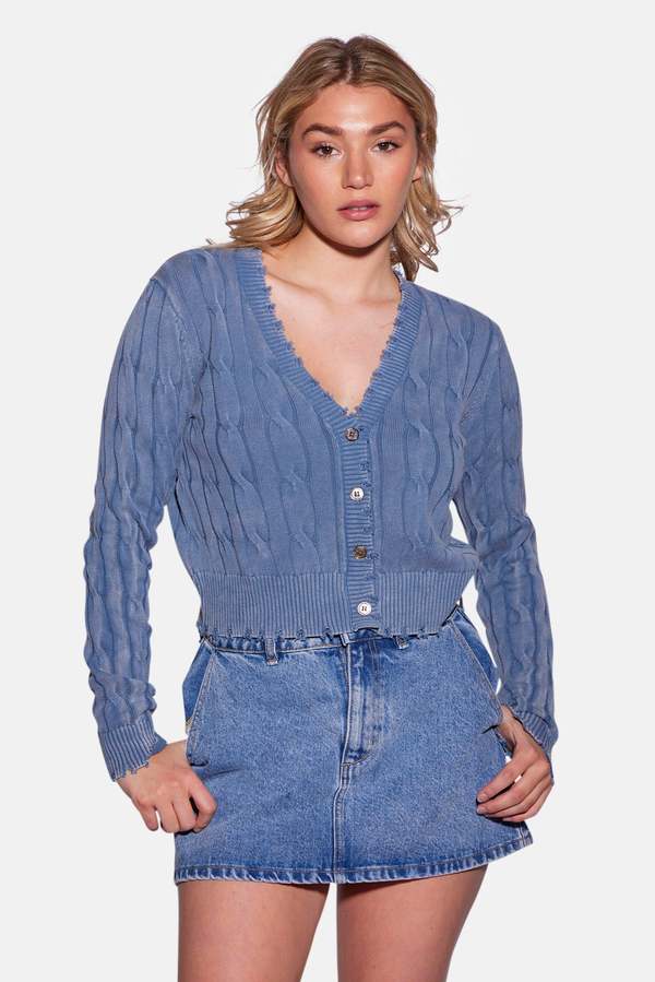 Blue&Cream Stone Wash Distressed Cable Cropped Cardigan - Fresco Blue