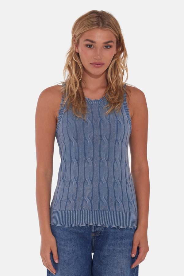 Blue&Cream Stone Wash Distressed Cable Tank - Fresco Blue