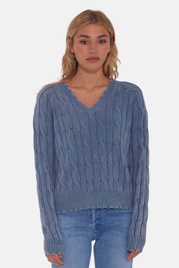 Blue&Cream Stone Wash Frayed Distressed Cable V-Neck - Fresco Blue