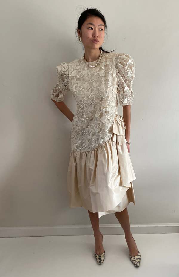 Richilene New York Vintage 80s Lace Dropped Waist Open Lace Silk Taffeta  Princess Di Tea Dress | Garmentory