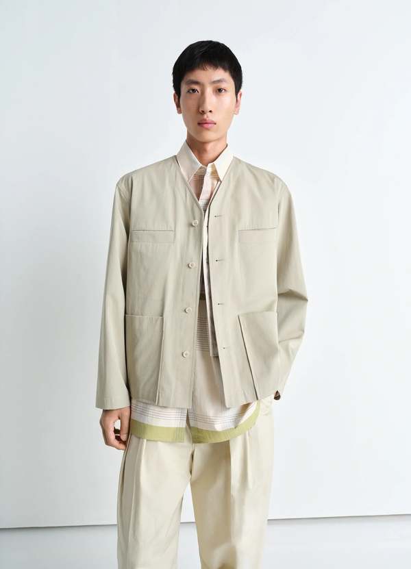 ジャケット・アウター LEMAIRE LIGHT FELTED WOOL LONG OVERSHIRT Lemaire Collarless Overshirt - Light Sage | Garmentory