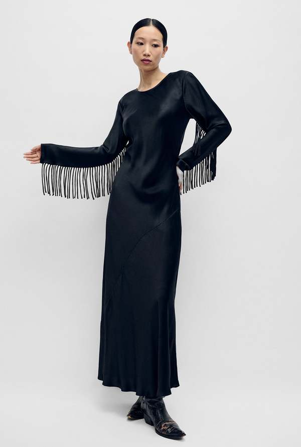 Silk Laundry Fringe Full Sleeve Bias Dress - Black | Garmentory