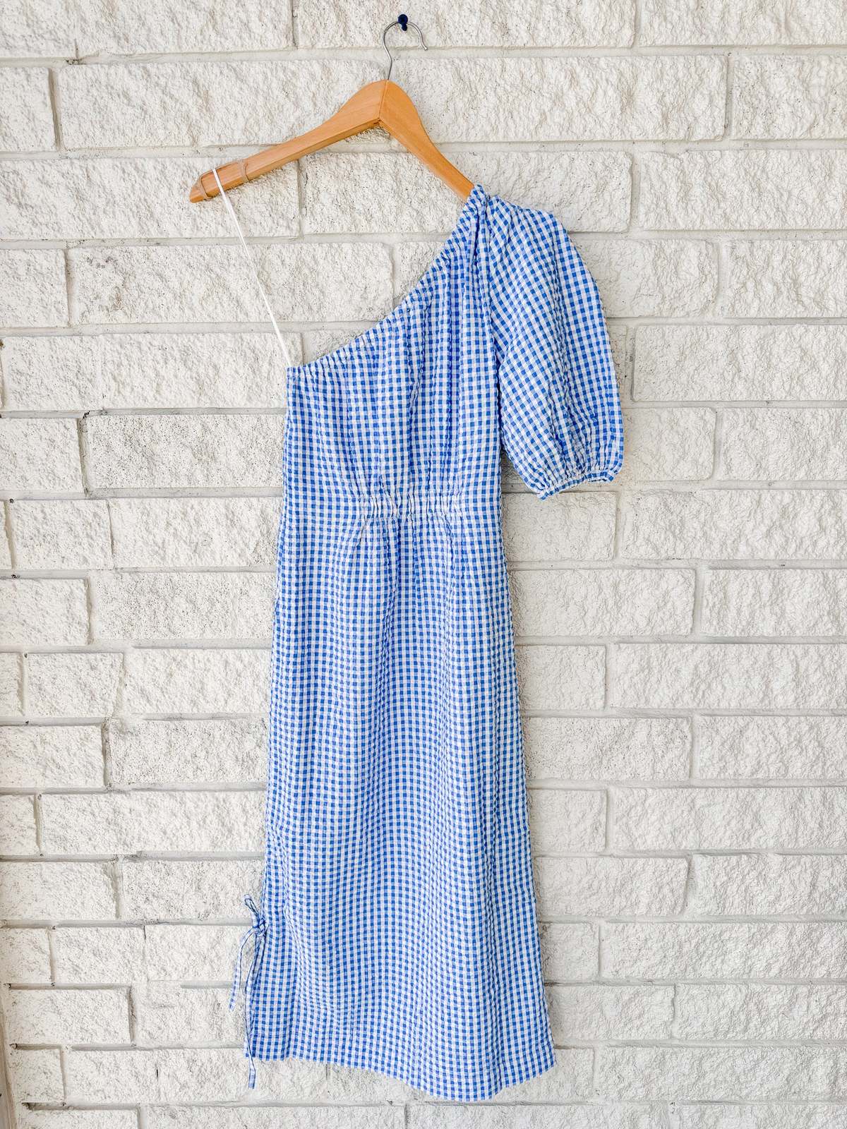 gingham one shoulder dress Simon Miller Belem gingham-check one-shoulder Midi Dress | Blue