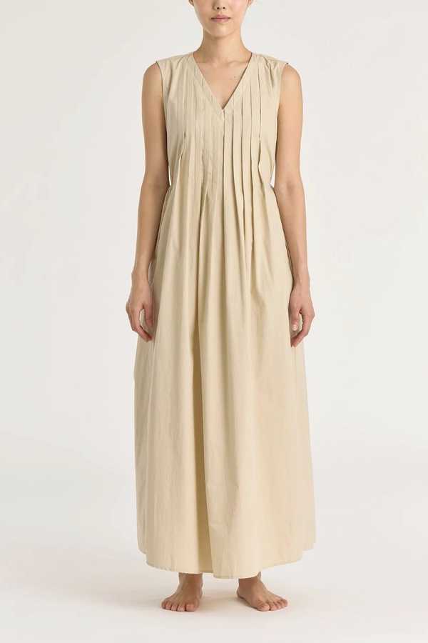 Black Crane Pleated V Neck Dress - Oyster