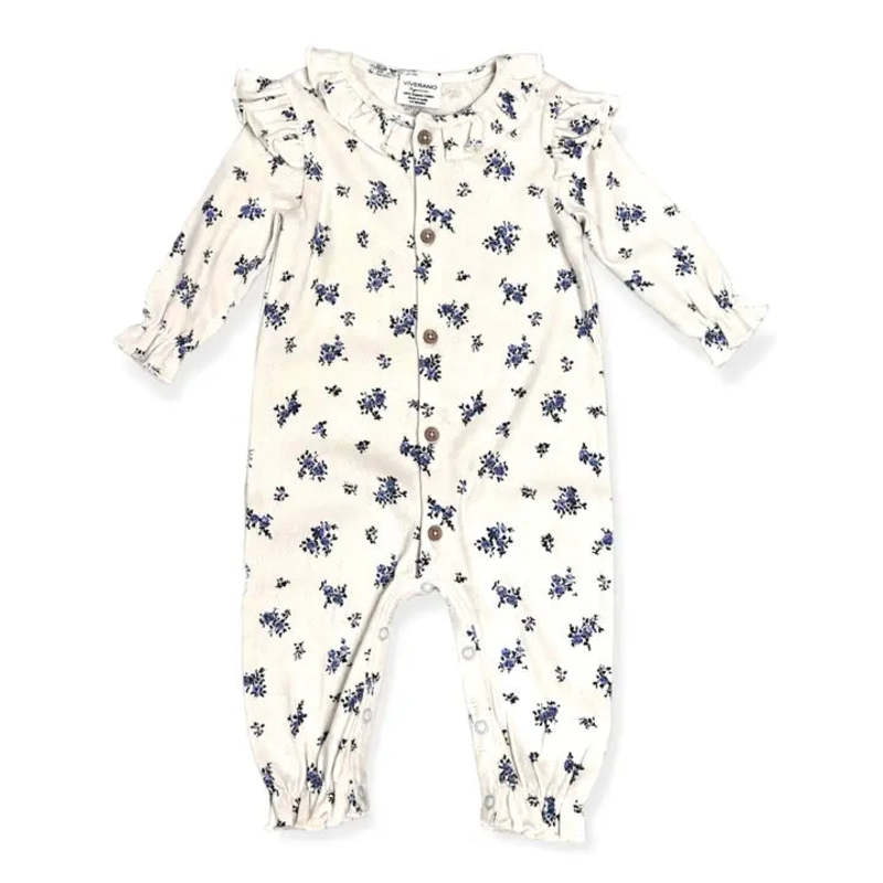 Viverano Organics Organic Floral & Ruffled Pointelle Knit Baby Jumpsuit Viverano Organics Organic Floral & Ruffled Pointelle Knit Baby Jumpsuit