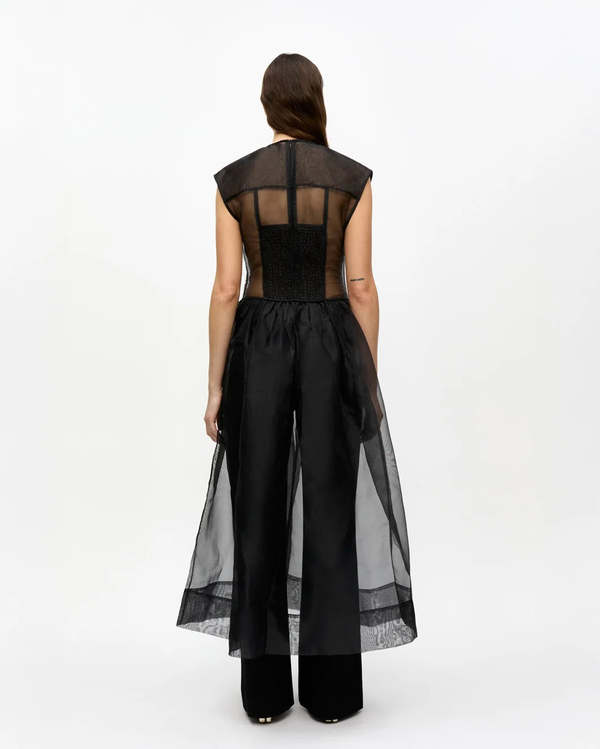 Ganni Technical Organza Corset Midi Dress - Black | Garmentory