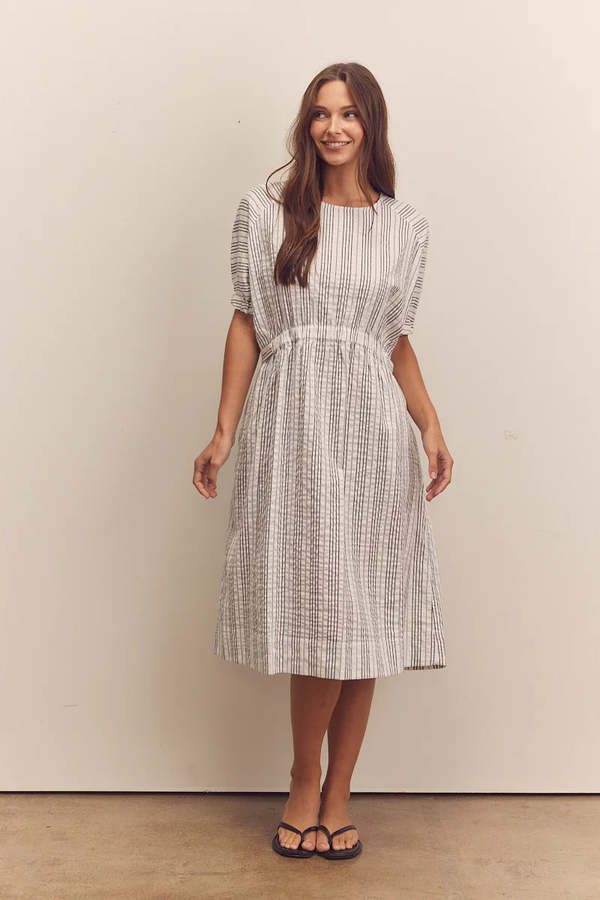 Amente Waist Shirring Midi Dress - Black/White Stripe