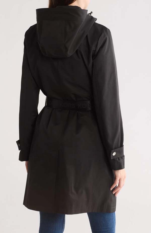 Michael Michael Kors Logo Belted Hooded Trench Coat Black