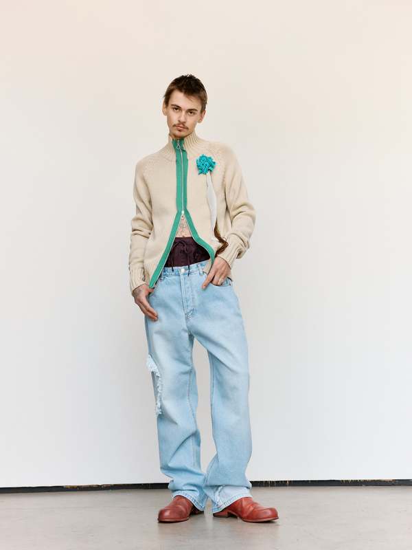 Edward Cuming Chakra Knit Track Jacket - Oat-Green | Garmentory