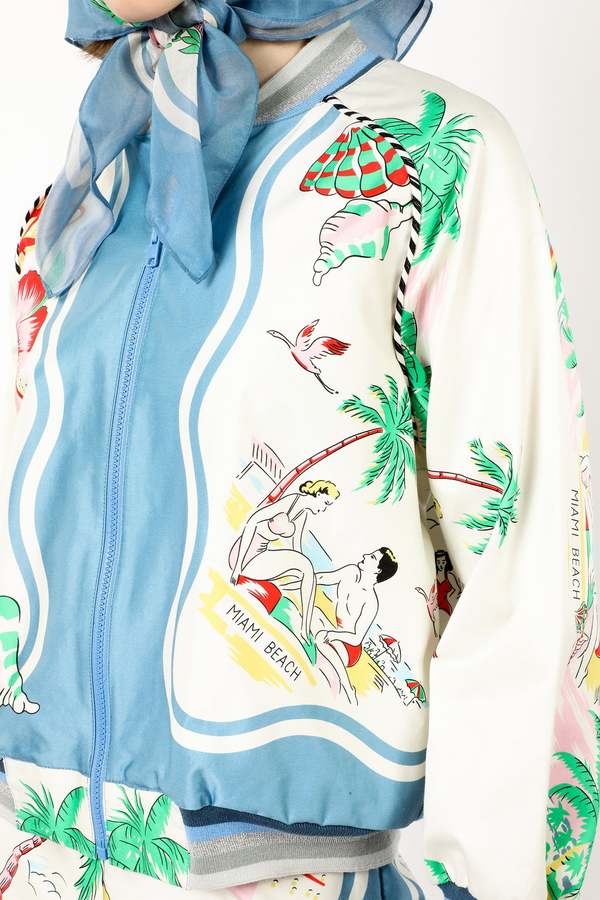 Anna Sui Florida Cotton Sateen Baseball Jacket - Blue Multi