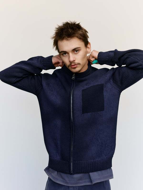 JW ANDERSON Navy Washed Zip Front Knitted Cardigan | Garmentory