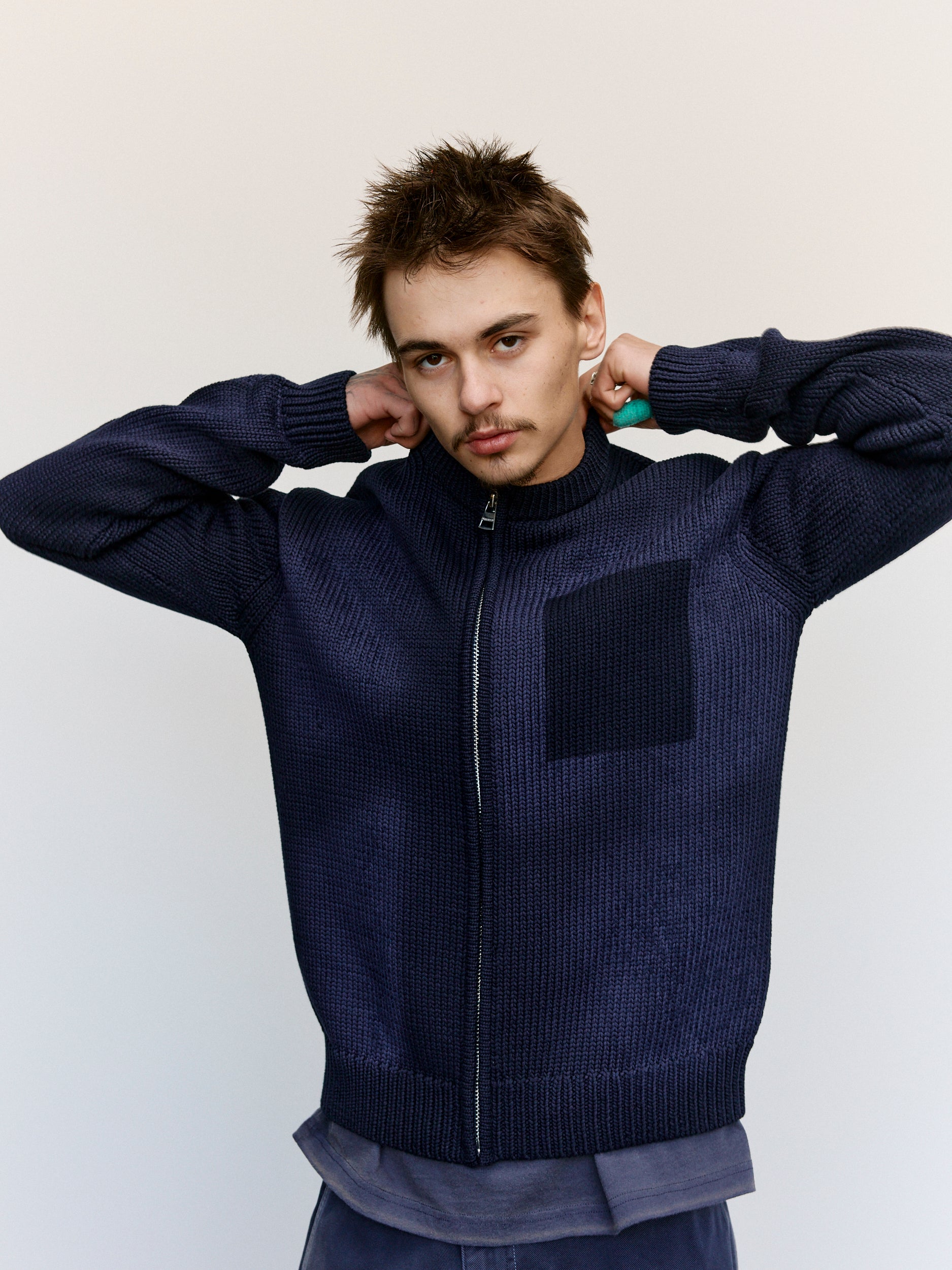 JW ANDERSON Navy Washed Zip Front Knitted Cardigan | Garmentory