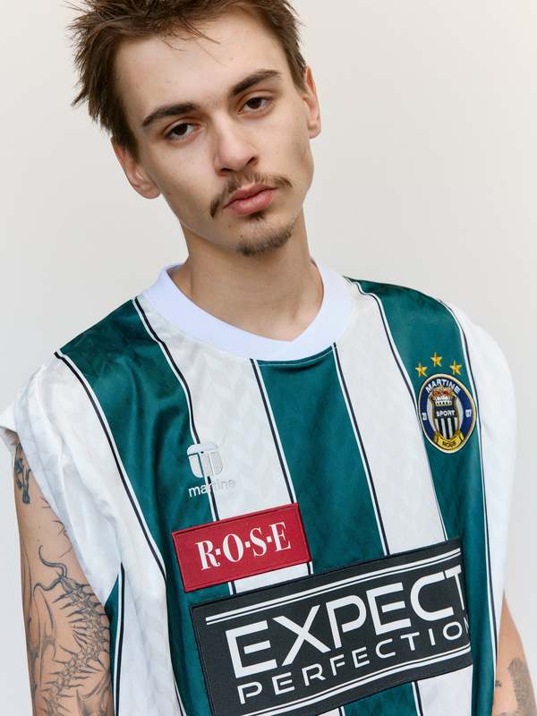 Martine Rose Twist Sleeve Football Top - White/Green | Garmentory