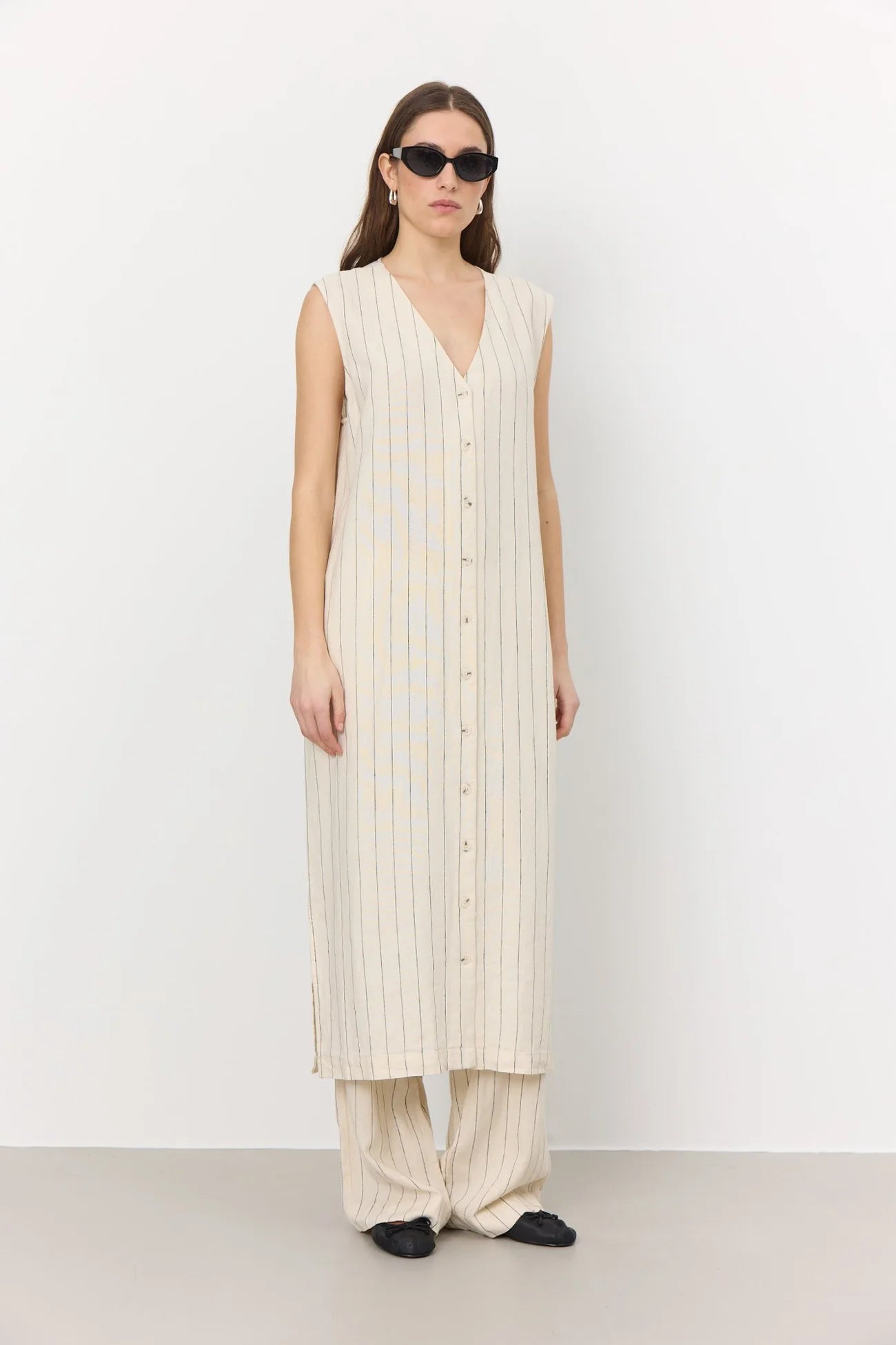 Levete Room Guddi Pinstripe Long Jacket/Dress - Cream | Garmentory