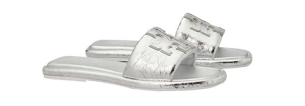 Tory Burch Double T Sport Slide Flat Sandals - Silver