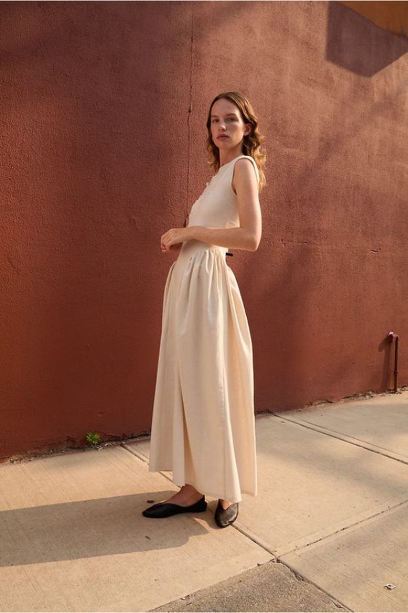 knee length dresses for ladies Talia Linen Pintuck Maxi Dress in White – Lusana main image 0